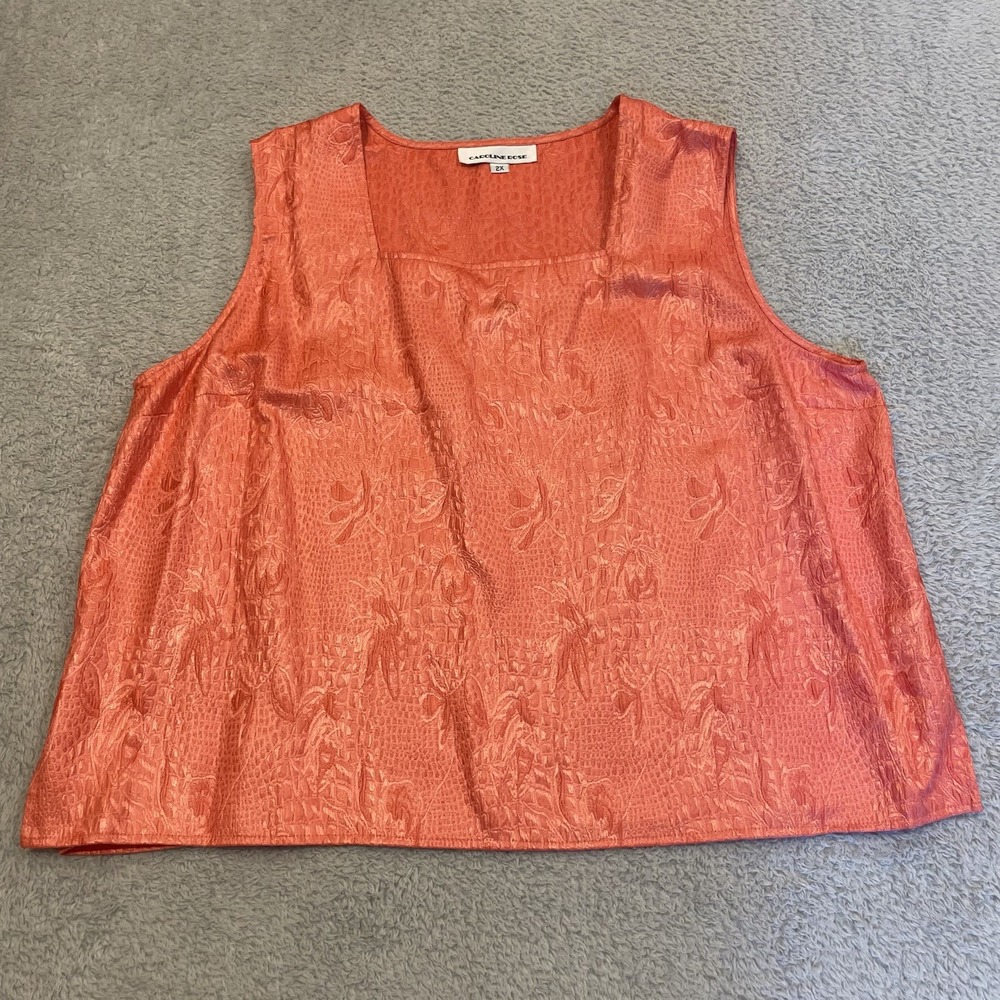 Caroline‎ Rose Textured Top Women 2X Orange Square Neck Tank Sleeveless USA